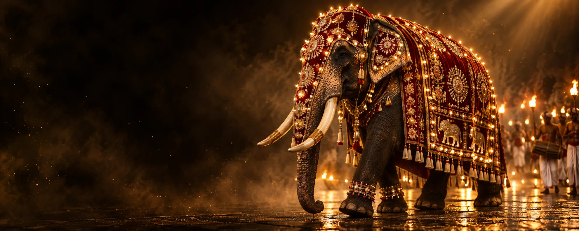 A tusker elephant in a crimson and gold ceremonial cloth covered in small lights, torch bearers behind