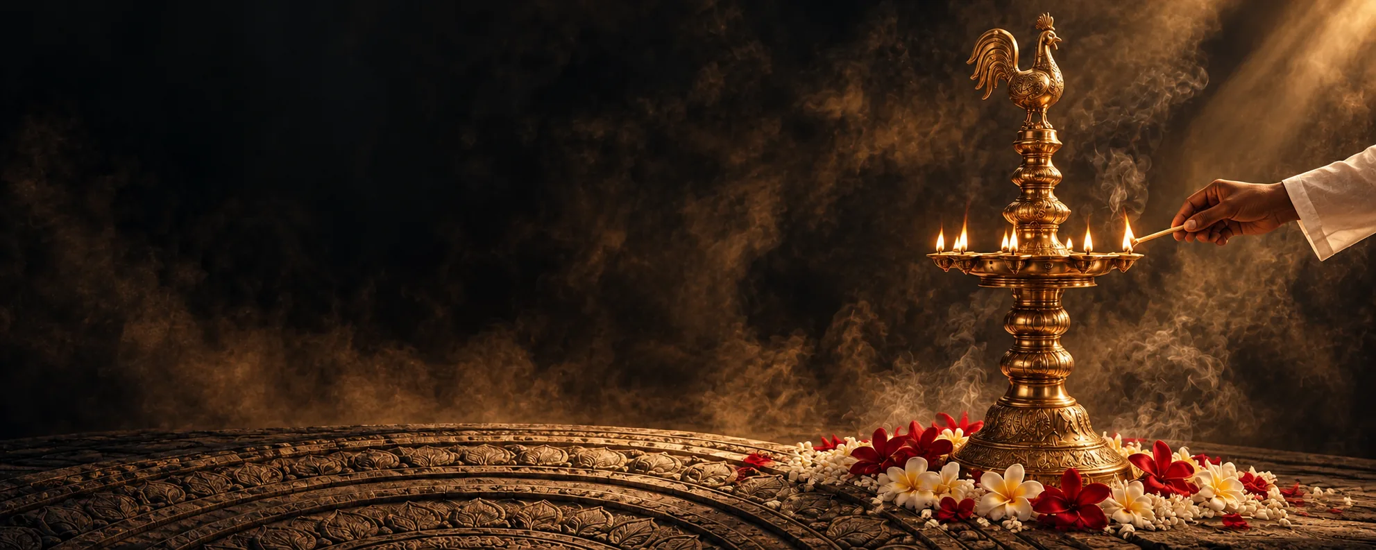 A hand lighting the wicks of a tall brass oil lamp, flowers at its base