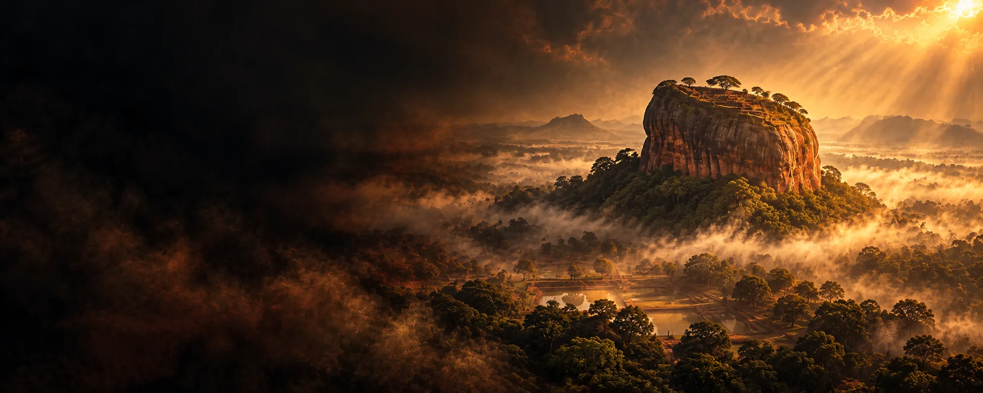 The Sigiriya rock fortress rising out of morning mist and jungle at sunrise
